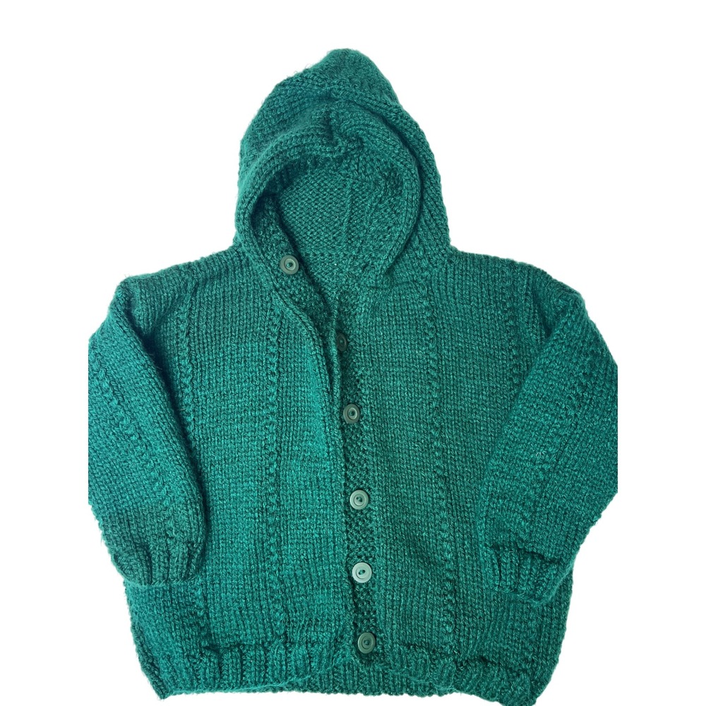 Hand‎ Knitted Emerald Green Hooded Cardigan Sweater Kids Size 4T 5T